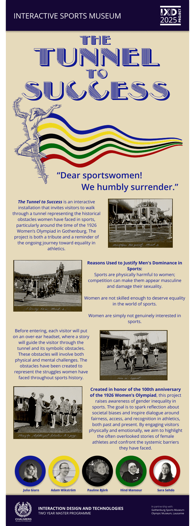 Tunnel to Success project poster, an interactive sports museum installation created for the 100th anniversary of the 1926 Women's Olympiad in Gothenburg.